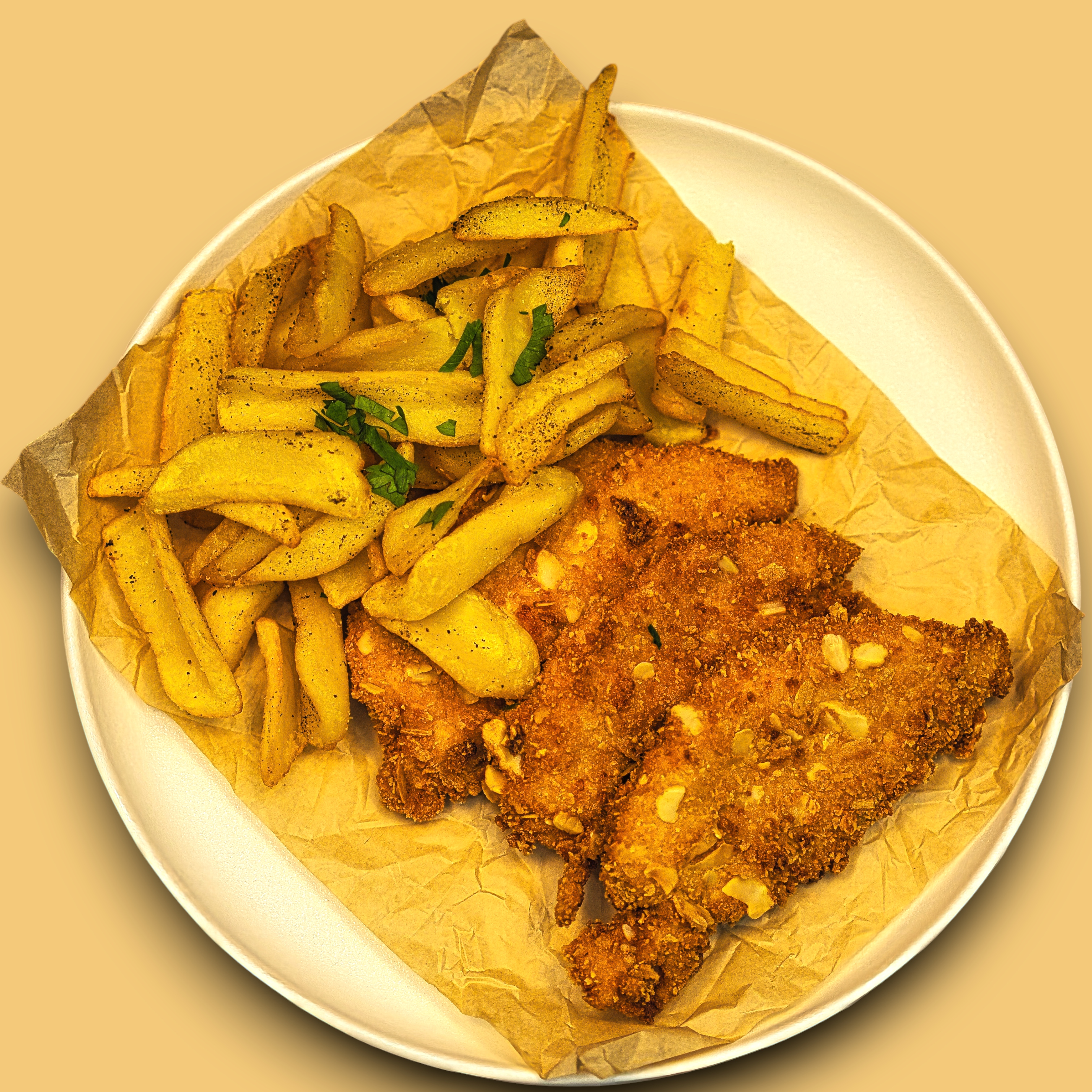 Șnițel de pui cu cartofi prăjiți